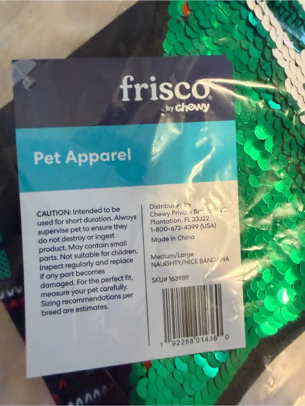 NEW Frisco by Chewy Reversible Sequin Naughty/Nice Dog Bandana | M/L